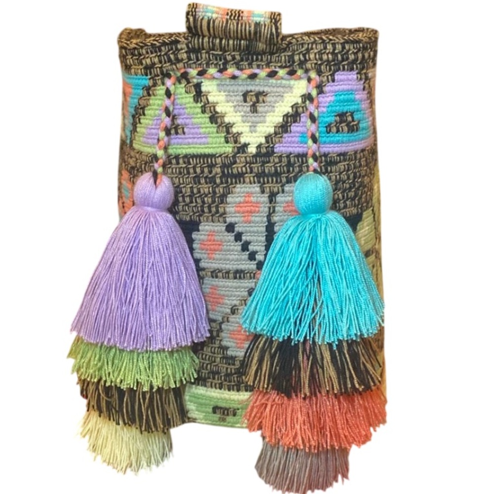 Wayuu Columbian Aztec Woven Bright Colorful Pom Pom Tassel Bucket Tote Bag - Picture 2 of 9